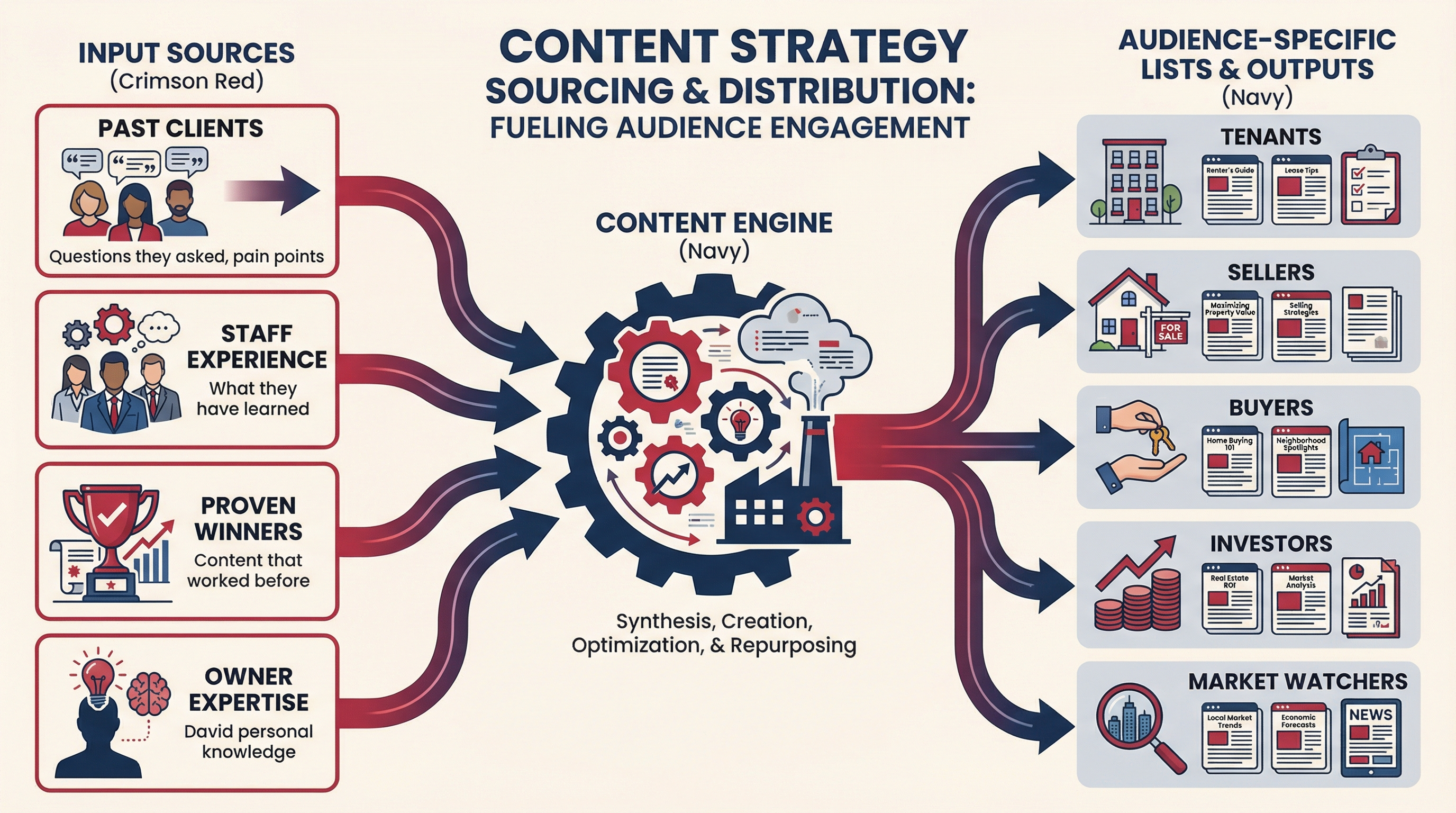 Content strategy sourcing - Past clients, staff experience, proven winners, and owner expertise feeding into content engine distributed to audience-specific lists
