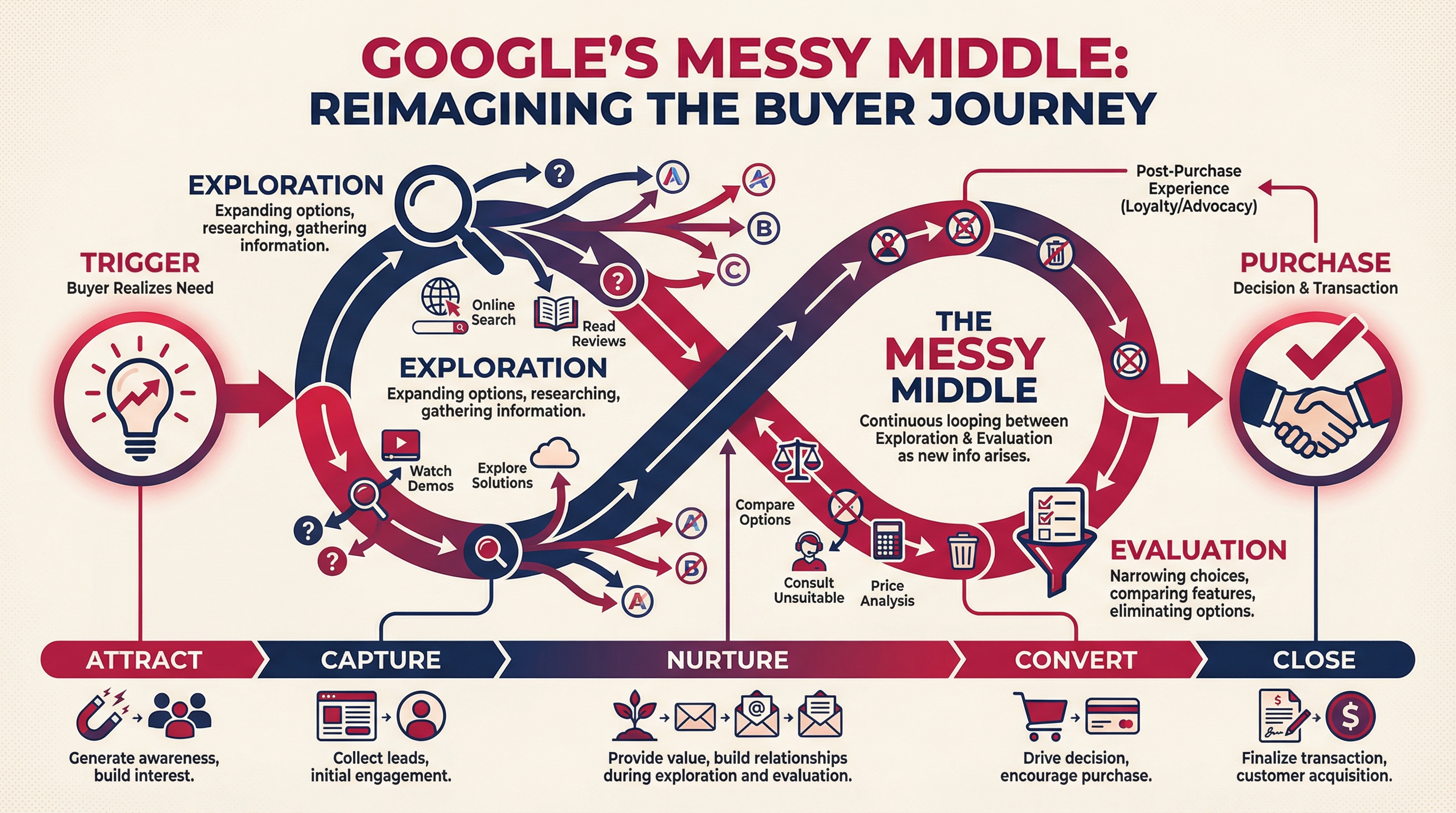 Google's Messy Middle - Buyer journey with exploration and evaluation loops mapped to funnel stages