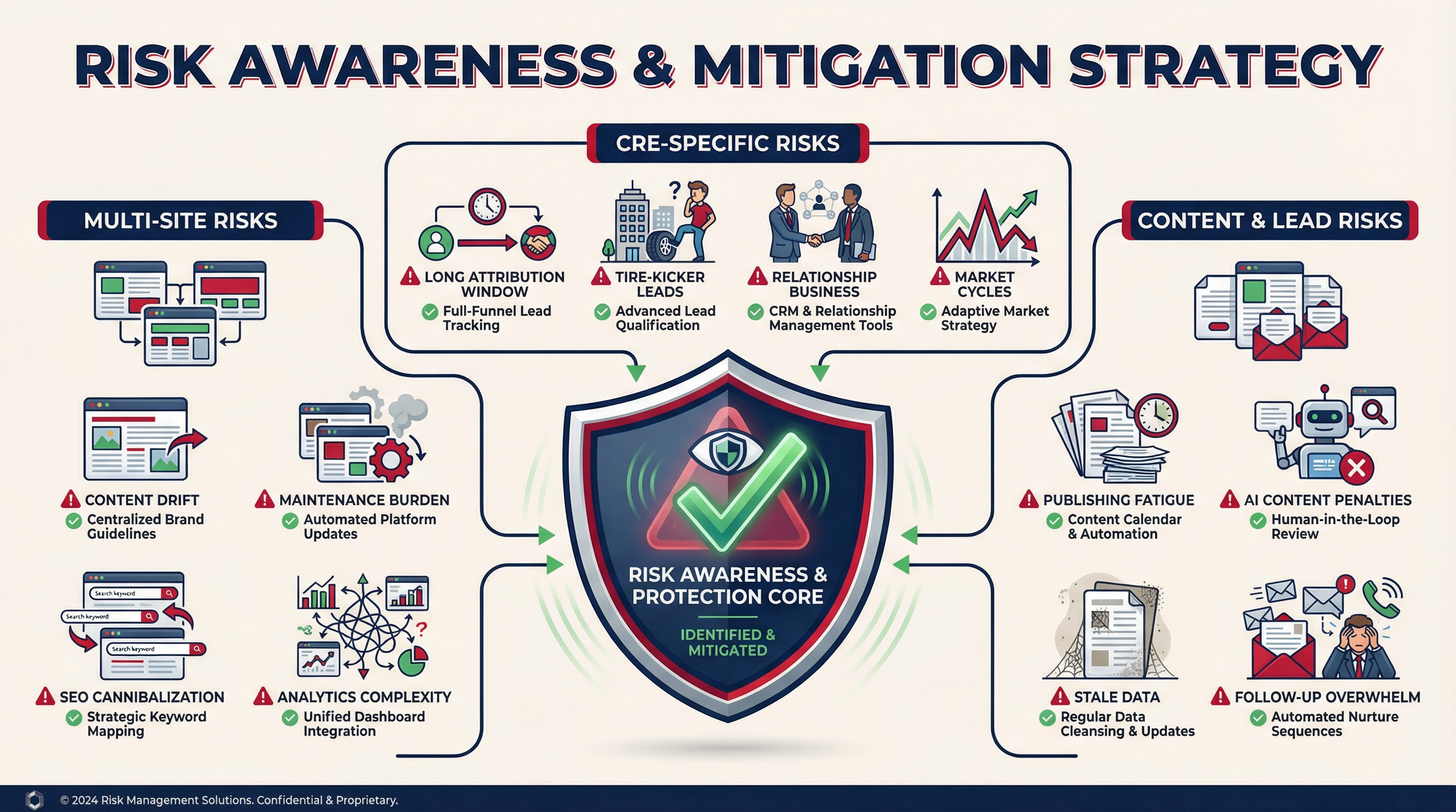 Risk Awareness & Mitigation Strategy - Multi-site, CRE-specific, and Content/Lead risks with mitigations