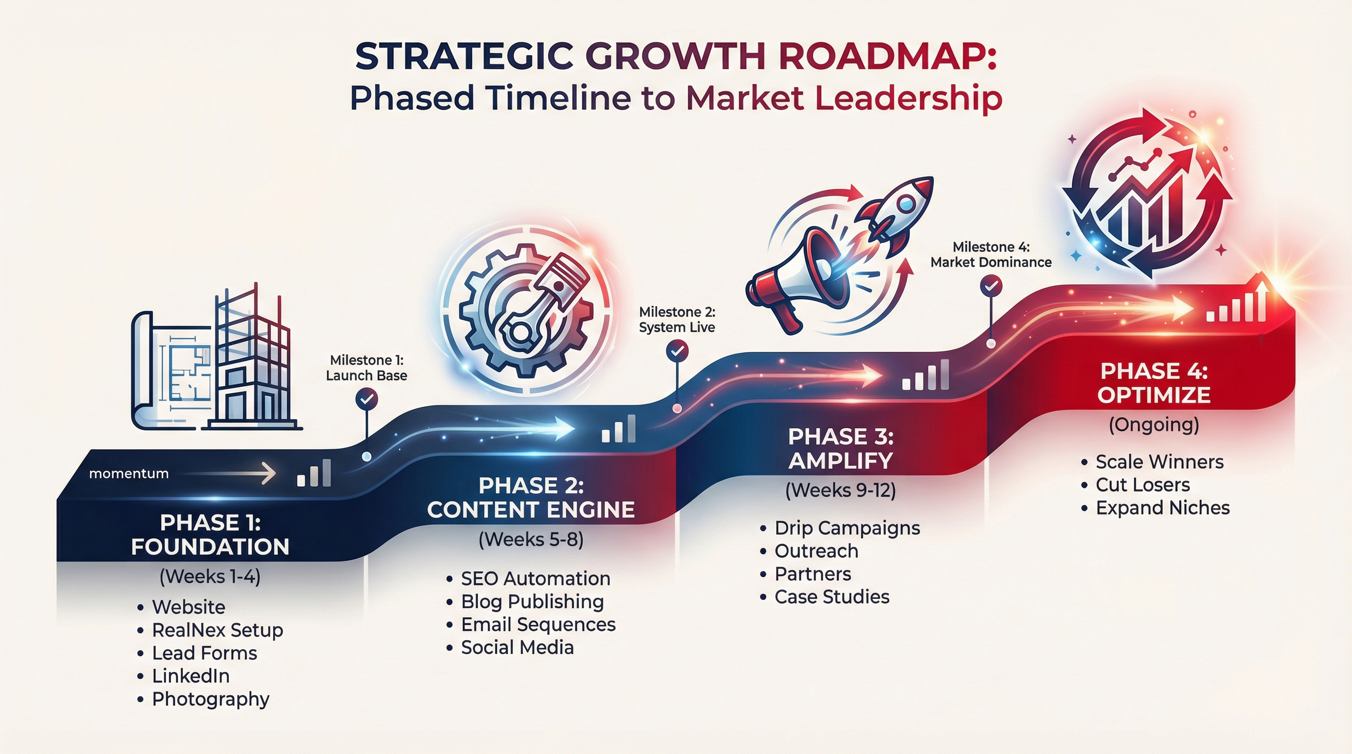 Strategic Growth Roadmap - 4 phases: Foundation, Content Engine, Amplify, Optimize